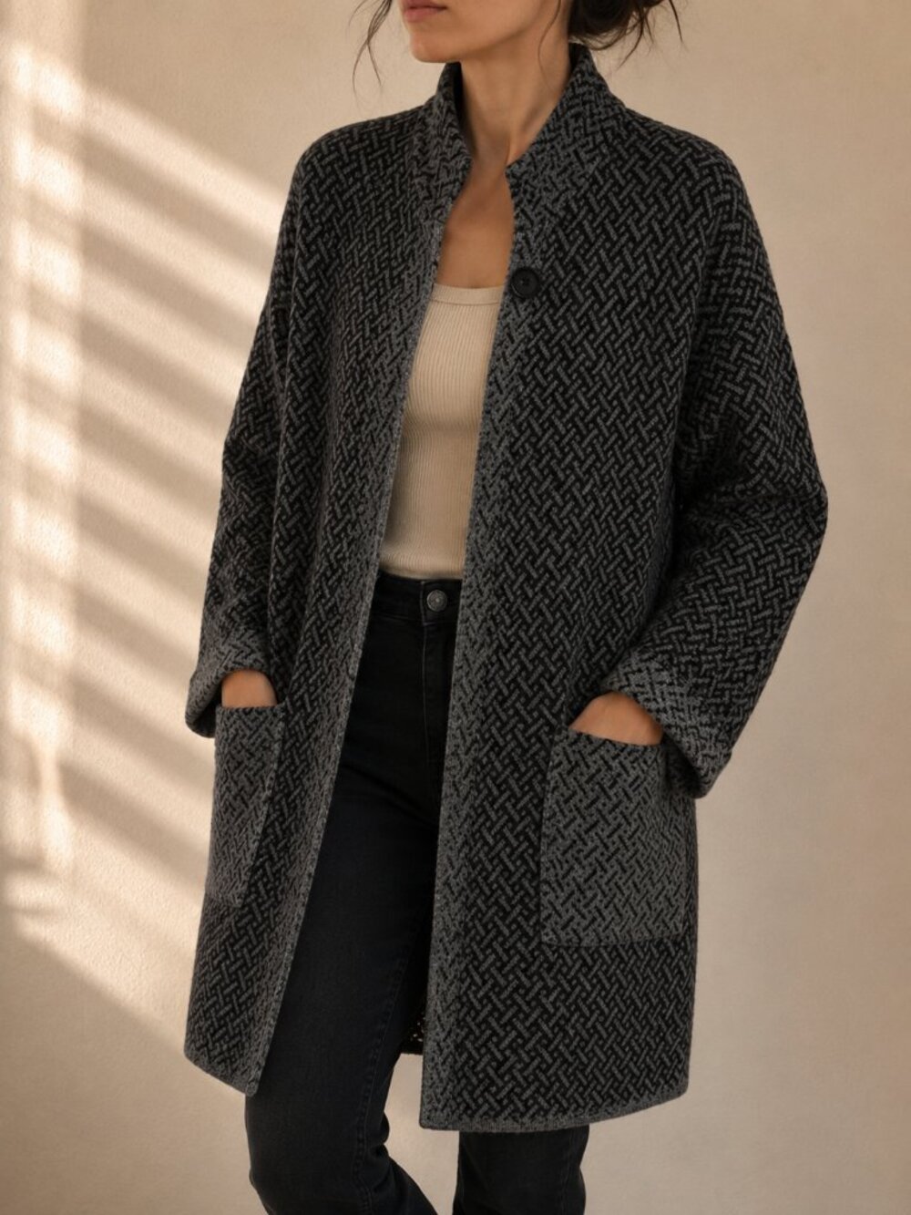 Chiaramente‎ Wool Blend Long Cardigan Coat Gray Black (Women’s M)